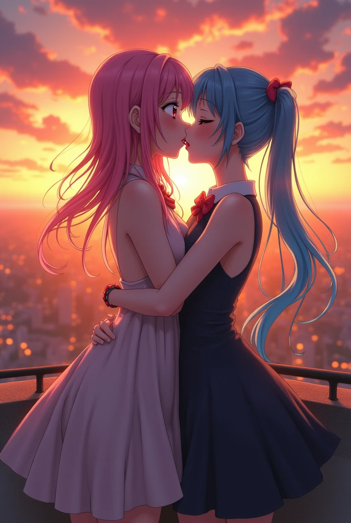 two anime girls kissing with tongues on top of a building with the sunset