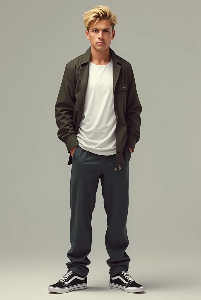 Create a realistic image of a Brazilian man of stature, Scrawny, short, dark blonde hair with a lighter streak, with a basic white t-shirt with a jacket on top, pants and simple sneakers