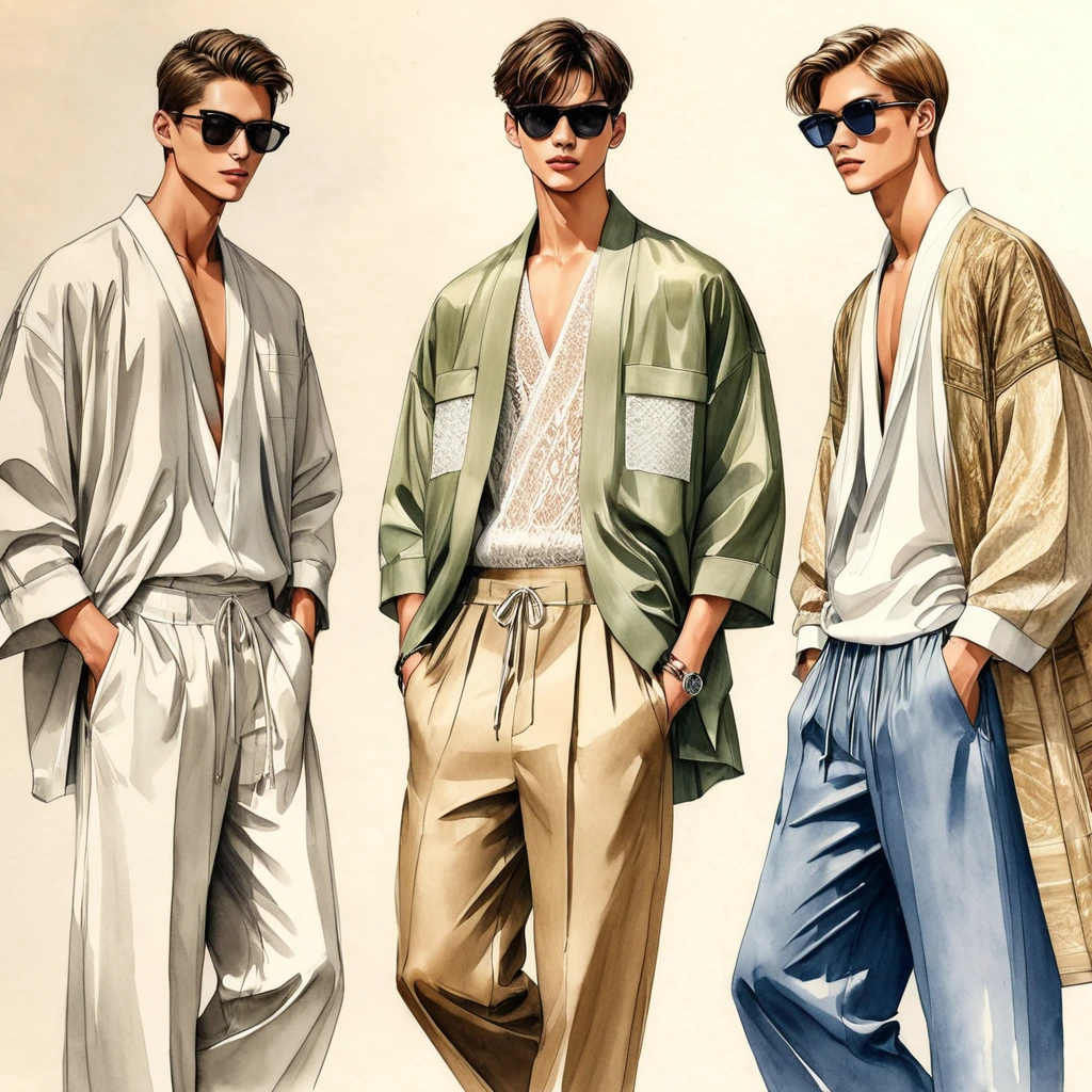 candid fashion illustration of a group of young 3man, aged 18-23 year old, tall and slender, mix race male super model, ((showcase fashion in a cotton outfits)), inspired by designer Christian Dior menswear resort collection, in elegant style with ((mixed Trible ethnic woven fabric details)), natural dye Earth tone color. The 1st man wears an oversized shirt lace, paired with over side Pants, semi hard bugle, The 2nd man complements him in a white lace shirt, paired with white Drawstring short pants, 3rd man wears an oversized Yukata with lace details, and relaxed hammer Pants, side entry pockets, all 3man completes the look with white sneakers, sunglasses, straw hat. Captured all in a ((full-body pose)), ((pencil color mixed with water-color drawing style on white blank paper)), realistic pencil lines, imperfect drawing, charcoal lines detail, fading sketch, fashion Sketching, fashion illustration, low angle view, (full body image), fashion sketching book.