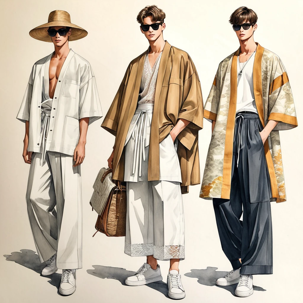 candid fashion illustration of a group of young 3man, aged 18-23 year old, tall and slender, mix race male super model, ((showcase fashion in a cotton outfits)), inspired by designer Christian Dior menswear resort collection, in elegant style with ((mixed Trible ethnic woven fabric details)), natural dye Earth tone color. The 1st man wears an oversized shirt lace, paired with over side Pants, semi hard bugle, The 2nd man complements him in a white lace shirt, paired with white Drawstring short pants, 3rd man wears an oversized Yukata with lace details, and relaxed hammer Pants, side entry pockets, all 3man completes the look with white sneakers, sunglasses, straw hat. Captured all in a ((full-body pose)), ((pencil color mixed with water-color drawing style on white blank paper)), realistic pencil lines, imperfect drawing, charcoal lines detail, fading sketch, fashion Sketching, fashion illustration, low angle view, (full body image), fashion sketching book.