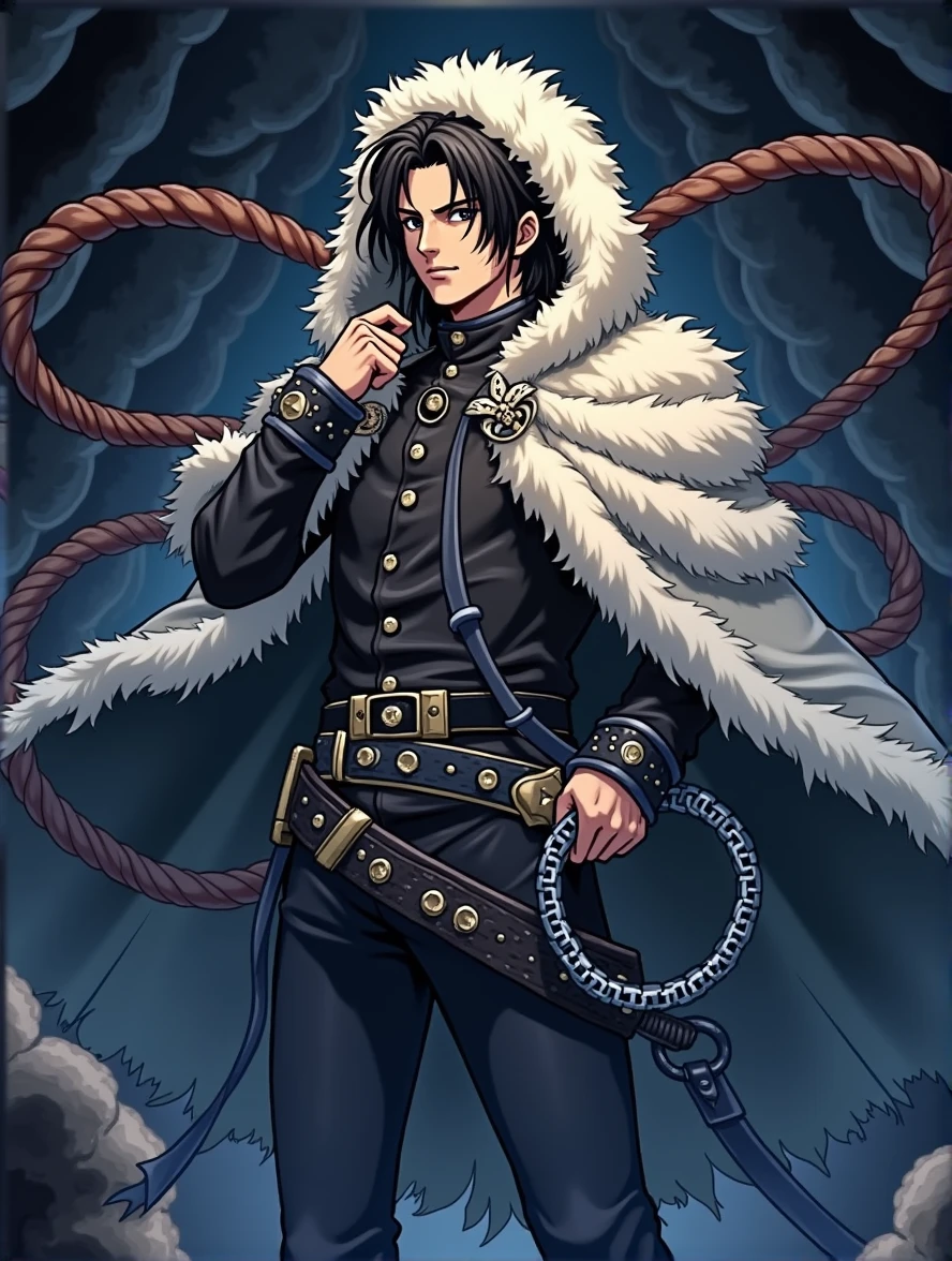 Create the image of a hunter in the style of Trevor Belmont from the anime Castlevania, he must be wearing a chain/whip as main weapon, must have black clothes and a furry cape, all in the style of the anime Castlevania