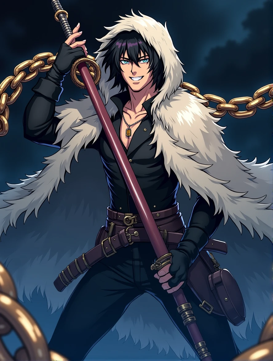 Create the image of a hunter in the style of Trevor Belmont from the anime Castlevania, he must be wearing a chain/whip as main weapon, must have black clothes and a furry cape, all in the style of the anime Castlevania 
