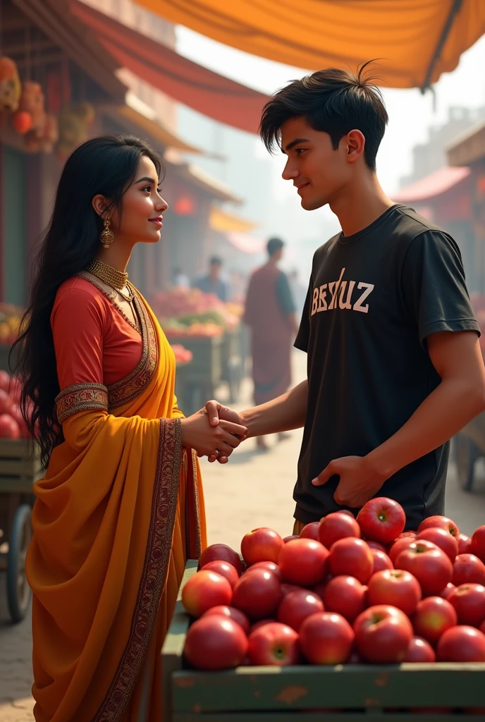 A realistic 18 year old Uzbek girl selling apple to a realistic 20 year old Uzbek boy in the market, the boy is wearing a black shirt with 'Bexruz' written in white letters, and the girl is wearing a saree, standing next to a cart and bargaining, 4K ultra quality image