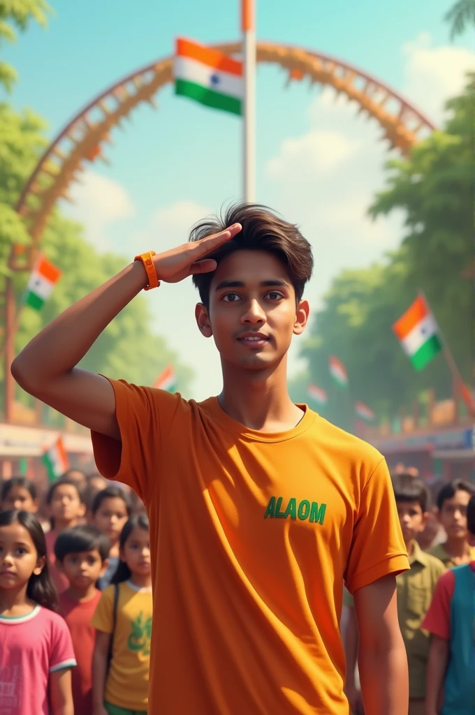 spirit of the day.
2. In a bustling town square, 18-year-old Vikram salutes the Indian flag as it's being hoisted. He's wearing a saffron t-shirt with "ALOM" embroidered in green on the sleeve. Around him, a diverse group of children wave small flags. A decorative arch in the background says "Happy Independence Day". 4K image.