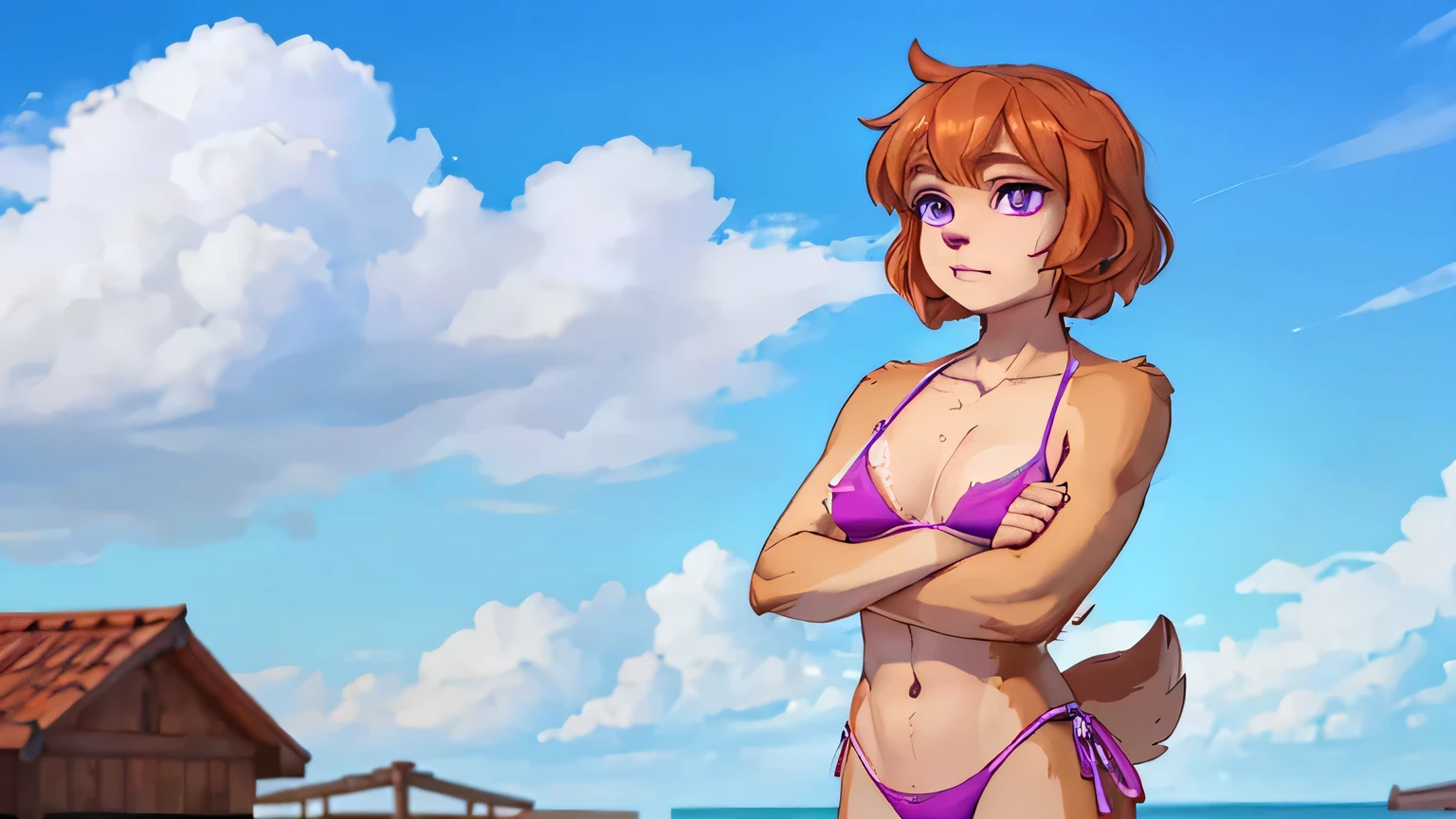 Sky, feminine, featuring.cockapoo, Floppy ears, Anthro, Short messy ginger hair, Purple eyes, pink bikini, long, winding, muscular, tomboy, Arms crossed, serious, kuudere, Very detailed, Standing, Single, Beautiful, High quality, 4K, 8 k, Human development report