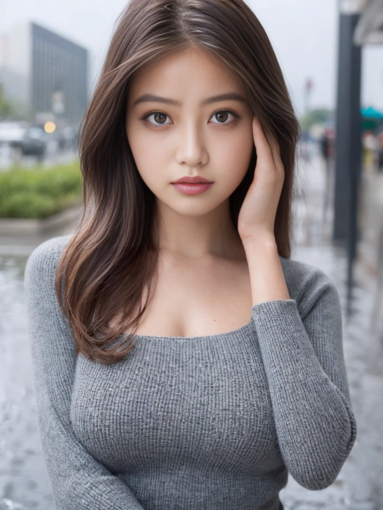 ((best quality、8K、master masterpiece:1.3))、sharp、:1.2、perfect body beauty:1.4、slim abs:1.2、((layered hairstyles、、tight dress、(rain、street、:1.2)、Wet:1.5、Highly detailed face and skin texture、detailed eye、double eyelid、Looking at the camera、blonde