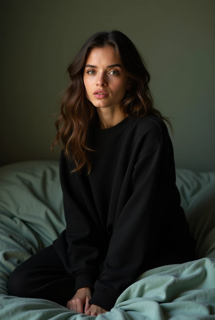 a woman in a black dress sitting on a bed, inspired by Christian Hilfgott Brand, hurufiyya, wearing sweatshirt, thin gold details, detailed zoom photo, h 7 0 4, happy cozy feelings, isabela moner, collection, dark green, h 7 6 8, softly lit