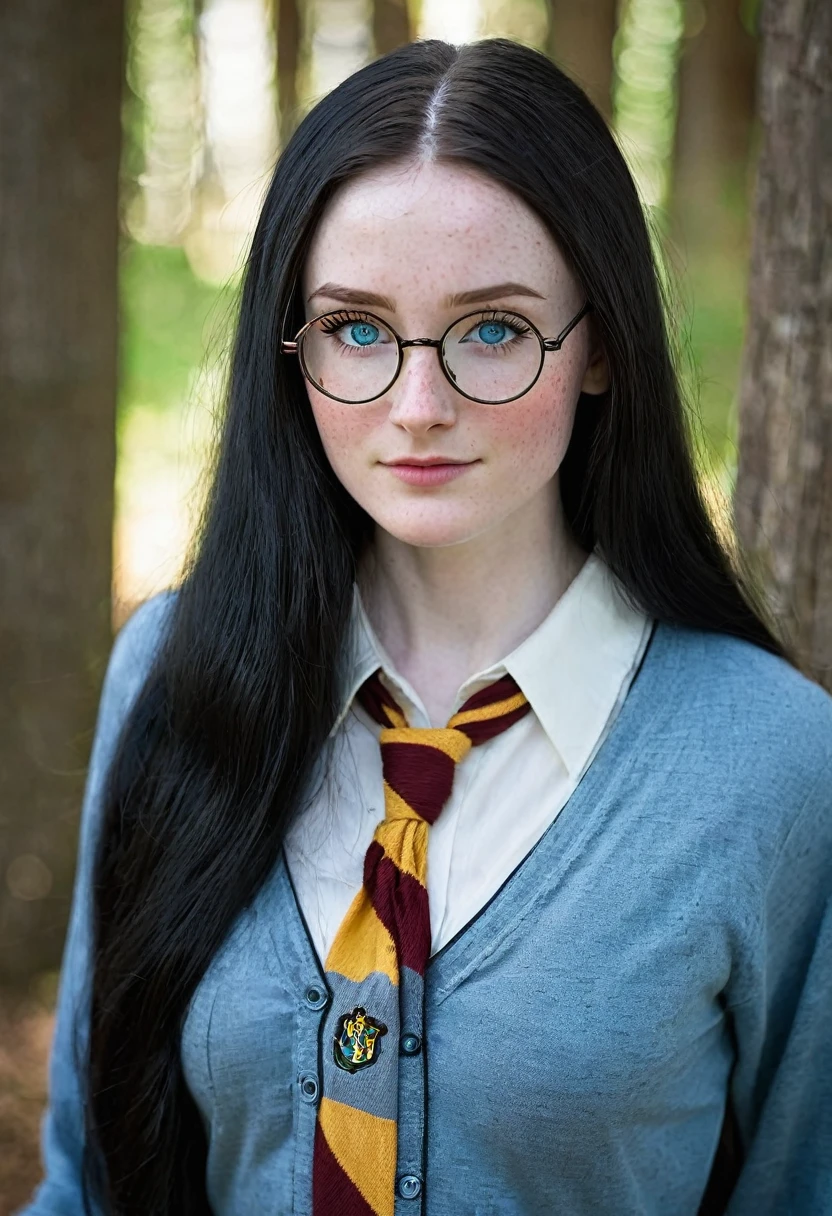 Caucasian woman 1.75 tall, light blue eyes, long black hair, pale skin and freckles, double E breasts, big butt. She is dressed as a harry potter and wears glasses.