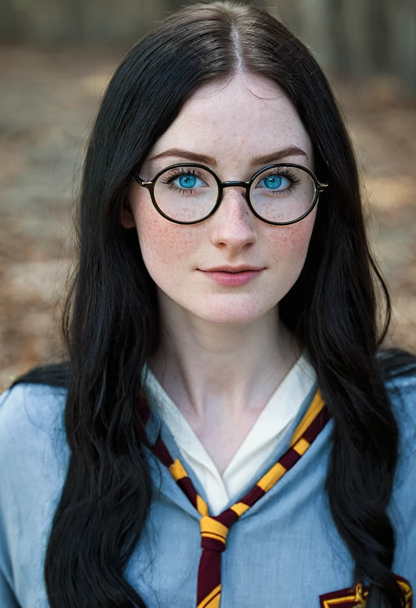 Caucasian woman 1.75 tall, light blue eyes, long black hair, pale skin and freckles, double E breasts, big butt. She is dressed as a harry potter and wears glasses.