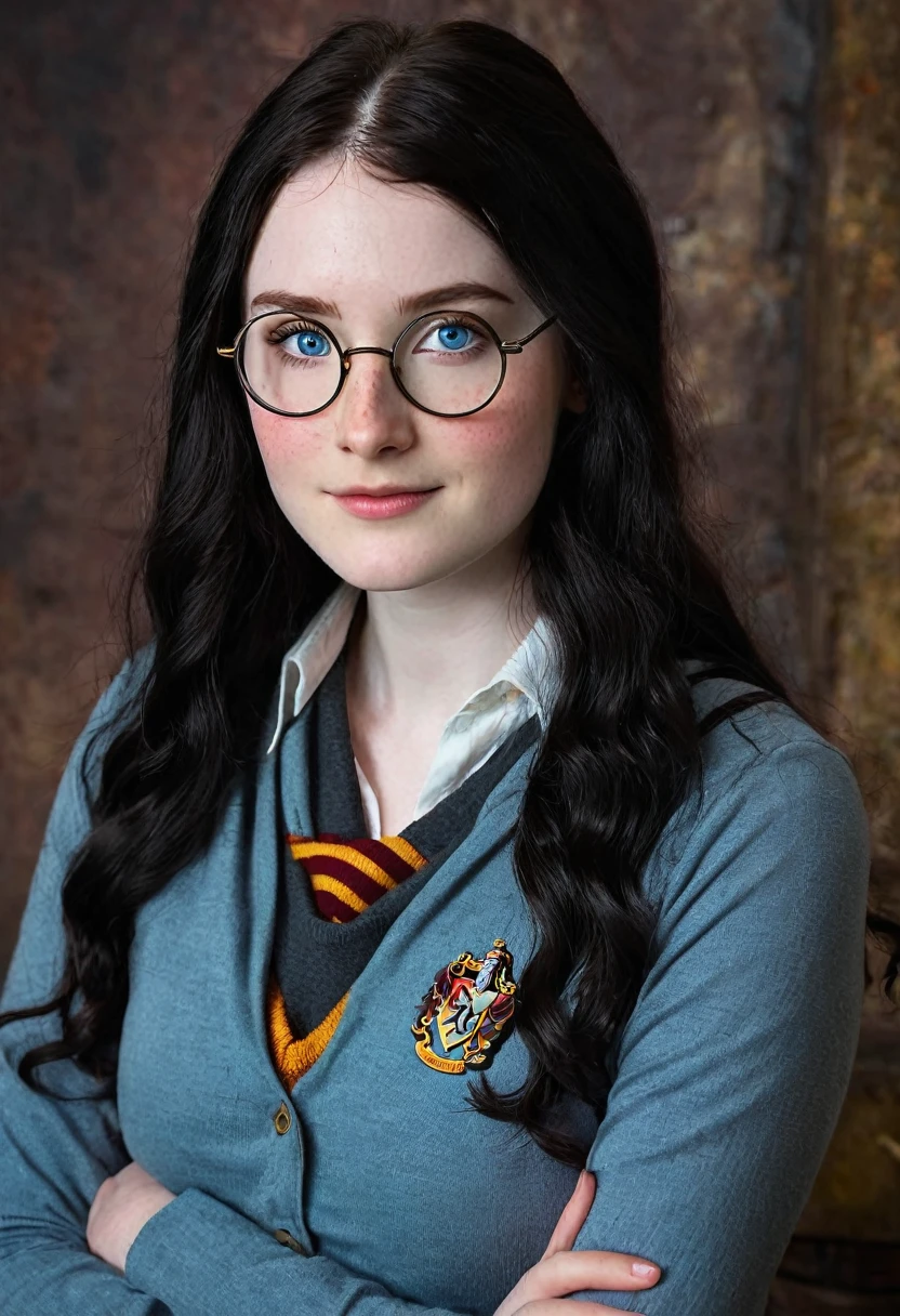 Caucasian woman 1.75 tall, light blue eyes, long black hair, pale skin and freckles, double E breasts, big butt. She is dressed as a harry potter and wears glasses.