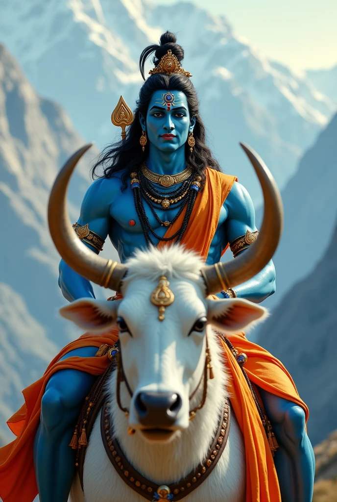 A beautiful, detailed, and realistic portrait of Lord Shiva with Goddess Parvati riding on a white ox, set against the backdrop of the majestic Himalayan mountains, (best quality,4k,8k,highres,masterpiece:1.2),ultra-detailed,(realistic,photorealistic,photo-realistic:1.37),extremely detailed facial features, divine and serene expressions, ornate jewelry and clothing, intricate patterns, warm lighting, vibrant colors, cinematic composition, mythological fantasy art