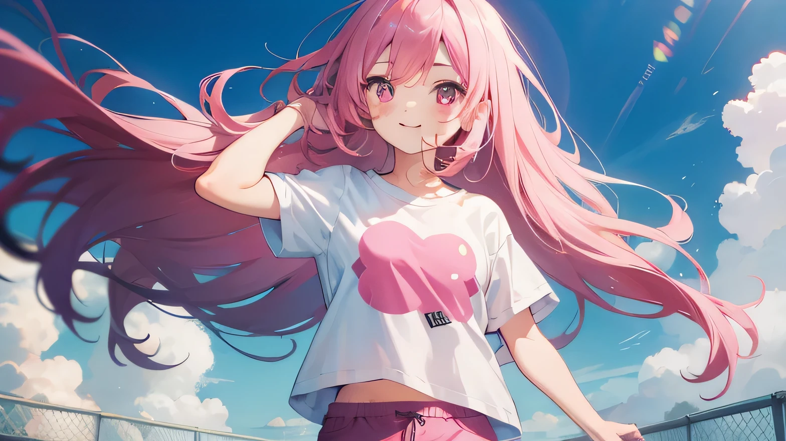 masterpiece, best quality,
solo, 1girl,
happy, smile, stroll,
(pink long hair, layered hair) and (pink eyes),
(t-shirt) and (shorts),
(((bold outline))), Vector art, (no background)