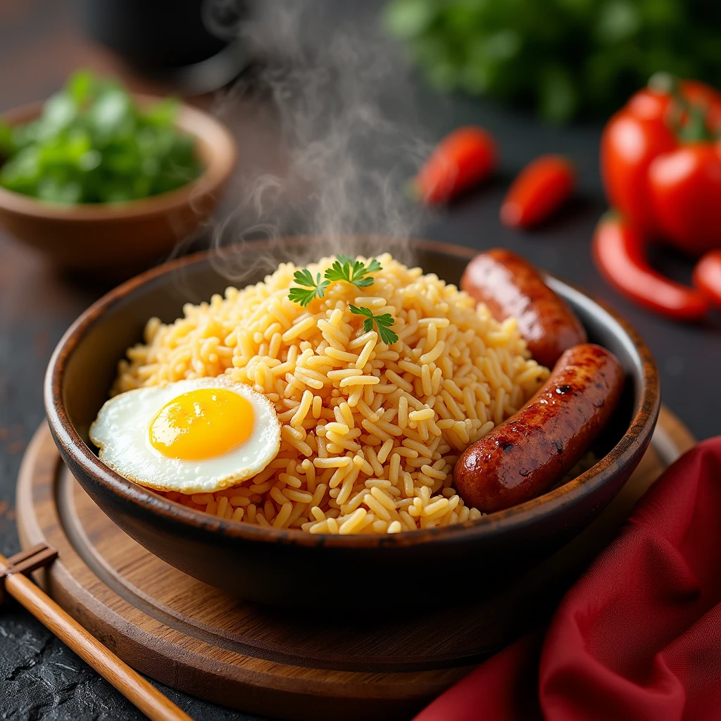 An advertisement for a fragrant egg fried rice，Steaming，The rice is served with a fried egg and a grilled sausage.，There is a pair of chopsticks and some decorations next to it.，Has a bright luster