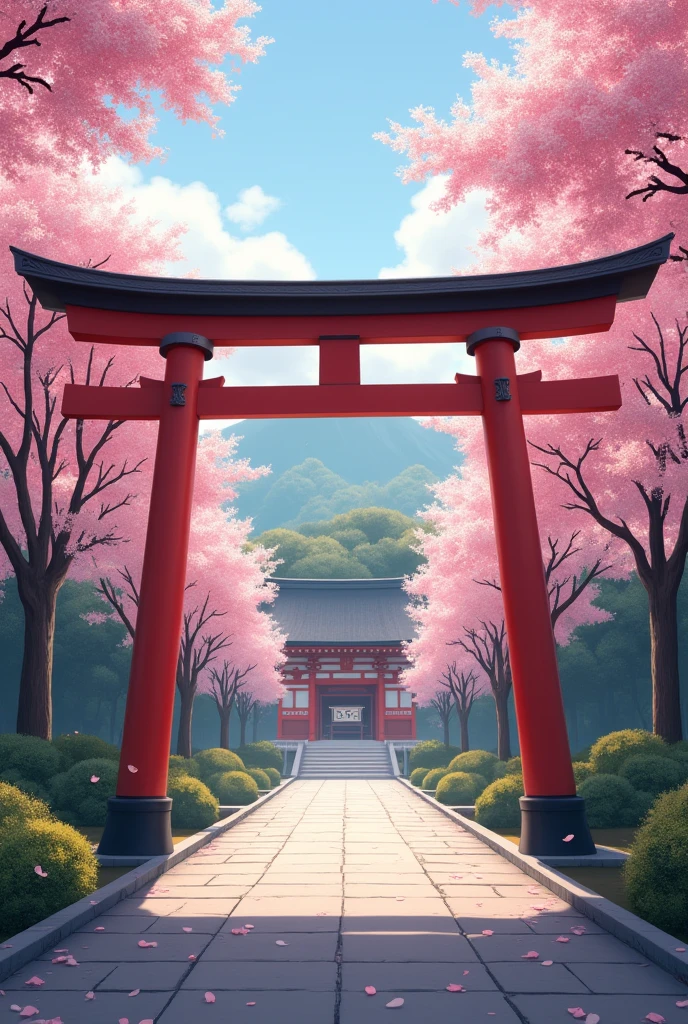 (masterpiece),(best quality:1.5),(highres), wallpaper 8k, Very fine image details,Soft light, Tori gate, japanese temple, cherry blossom, cherry tree,