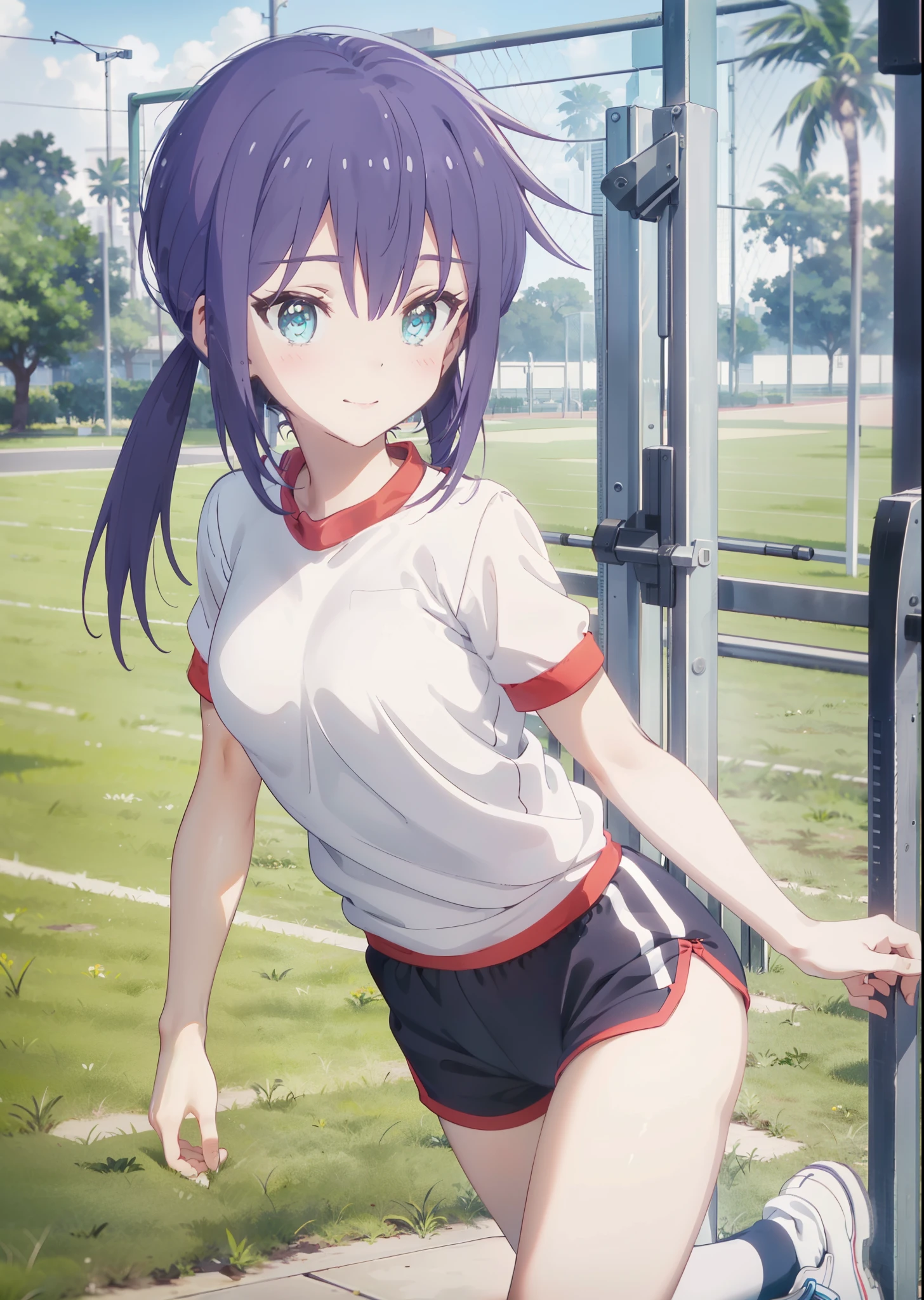 Ao Manaka, Check it out, short hair, bangs, orange hair, (Purple eyes:1.2),(Gym clothes with short sleeves:1.5), Gymnastics, (Girl wearing gym clothes), (Girl in gym clothes), Sportswear, blue_Shorts, White socks,White knee-high socks,White_sneakers, White_sports boots,Daytime,Clear skies,Palm tree,Walking,smile,Close your mouth,blush,whole bodyがイラストに入るように,
BREAK outdoors, tropical,Tropical,Coastal Road,
BREAK looking at viewer, whole body,
BREAK (masterpiece:1.2), Highest quality, High resolution, unity 8k wallpaper, (figure:0.8), (Beautiful attention to detail:1.6), Highly detailed face, Perfect lighting, Highly detailed CG, (Perfect hands, Perfect Anatomy),