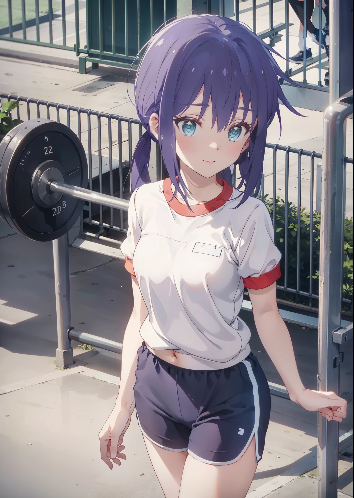 Ao Manaka, Check it out, short hair, bangs, orange hair, (Purple eyes:1.2),(Gym clothes with short sleeves:1.5), Gymnastics, (Girl wearing gym clothes), (Girl in gym clothes), Sportswear, blue_Shorts, White socks,White knee-high socks,White_sneakers, White_sports boots,Daytime,Clear skies,Palm tree,Walking,smile,Close your mouth,blush,whole bodyがイラストに入るように,
BREAK outdoors, tropical,Tropical,Coastal Road,
BREAK looking at viewer, whole body,
BREAK (masterpiece:1.2), Highest quality, High resolution, unity 8k wallpaper, (figure:0.8), (Beautiful attention to detail:1.6), Highly detailed face, Perfect lighting, Highly detailed CG, (Perfect hands, Perfect Anatomy),