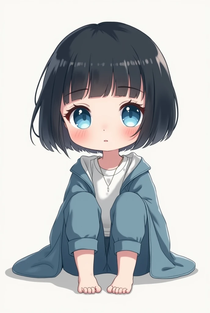 gender:Girl Eye Color:Blue Eyes Hairstyle:Bob hair color:Black hair with silver gradation color:Cool clothes:Parker style:Cute illustration system:Sitting with legs stretched out
