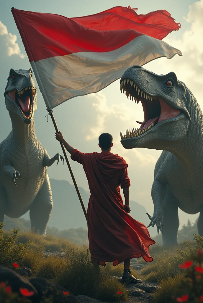 Indonesian independence struggle by holding the Indonesian flag against dinosaurs