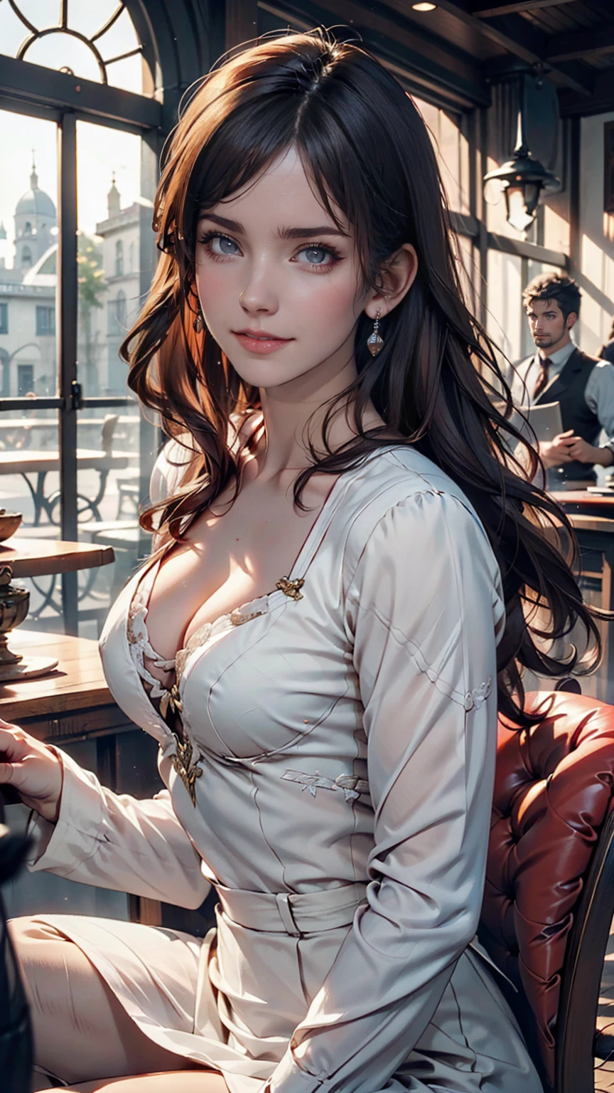 Florence Nightingale, (Ballet Costumes), Sitting in a chair, Smiling for the camera, White formal shirt, Loose collar button, Swollen nipples, Long, loose hair, (Delicate illustrations: 1.4), (Renaissance art: 1.4), (Ultra-high resolution: 1.2), (Photorealism: 1.4), (8k, RAW Photos: 1.2), (Soft Focus: 1.4), ( 18-year-old: 1.3), (Sharp focus: 1.4), Beautiful face with attention to detail, Pure rose face_v1