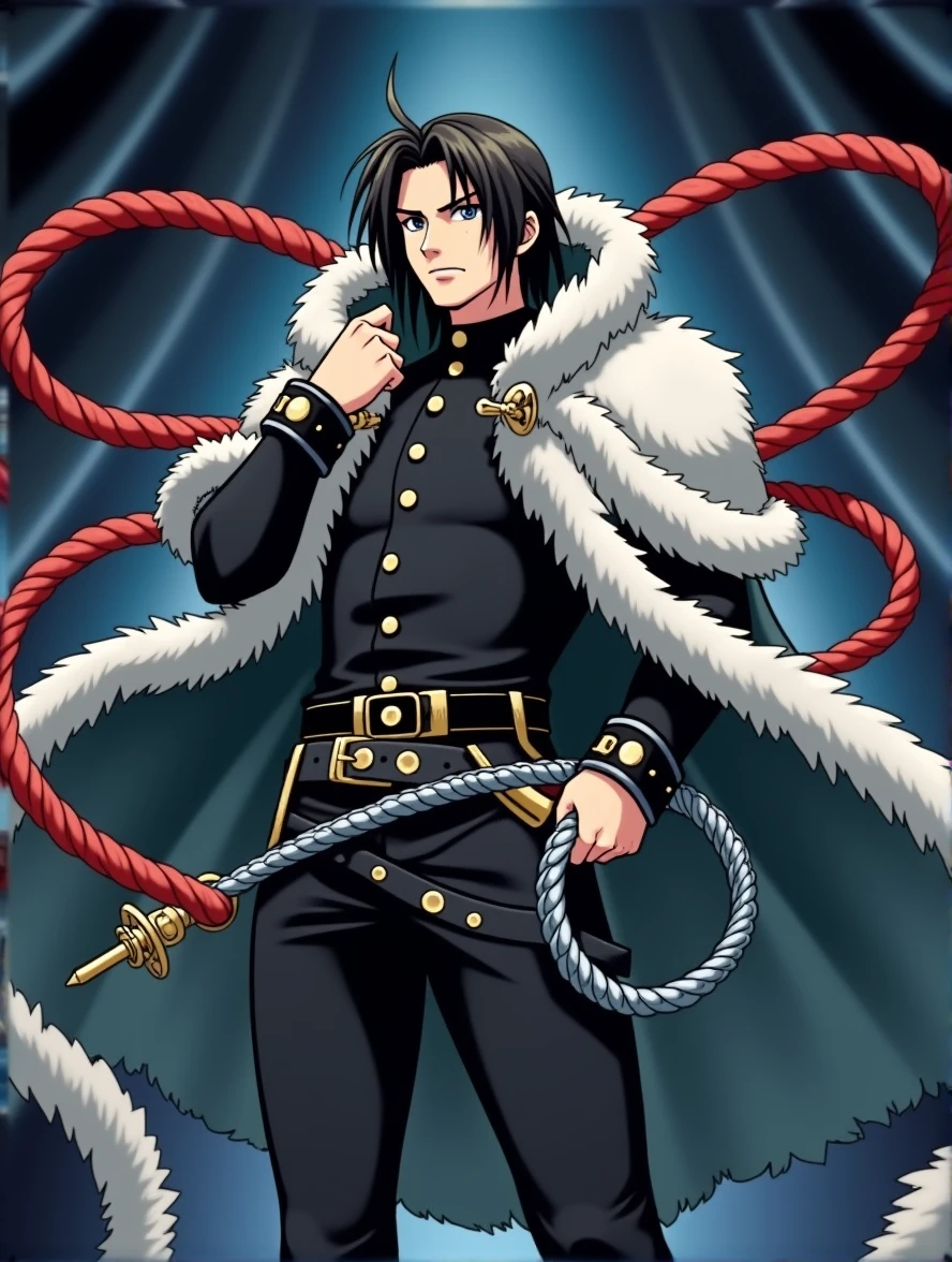 Create the image of a hunter in the style of Trevor Belmont from the anime Castlevania, he must be wearing a chain/whip as main weapon, must have black clothes and a furry cape, all in the style of the anime Castlevania