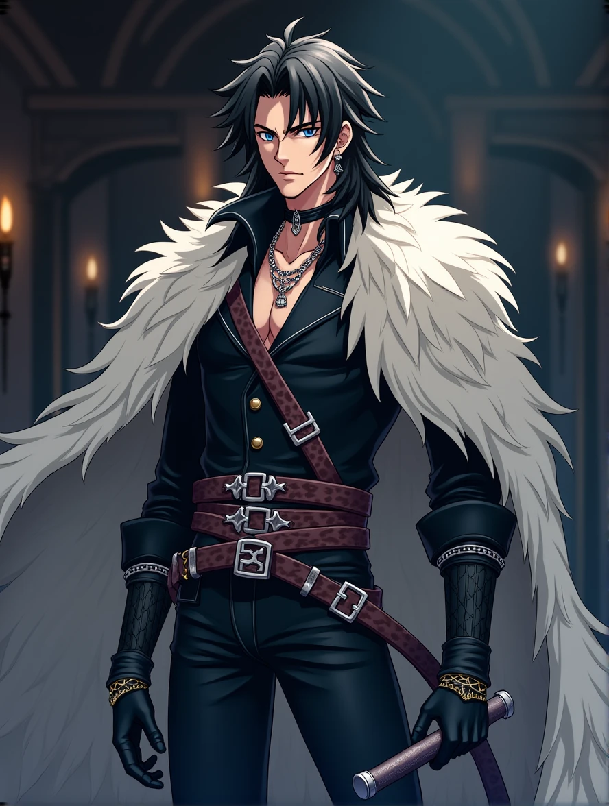 Create the image of a hunter in the style of Trevor Belmont from the anime Castlevania, he must be wearing a chain/whip as main weapon, must have black clothes and a furry cape, all in the style of the anime Castlevania 
