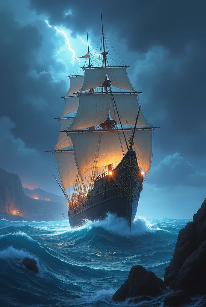Create an illustration of Galantiel's great voyage, focusing on a vast magical vessel sailing across the open sea towards the ancient continent. The scene must capture the grandeur of the ship, adorned with glowing runes and magical symbols. The sea must be turbulent, with high waves and heavy clouds, reflecting the intensity of the journey. The sky must have a dramatic coloration, with shades of gray and deep blue, and lightning occasionally illuminates the scene. Show the ship approaching Sleepy Fish Island, with the coast devastated and signs of ancient battles visible in the distance. Highlight the atmosphere of tension and adventure, with a touch of mystery in the air.