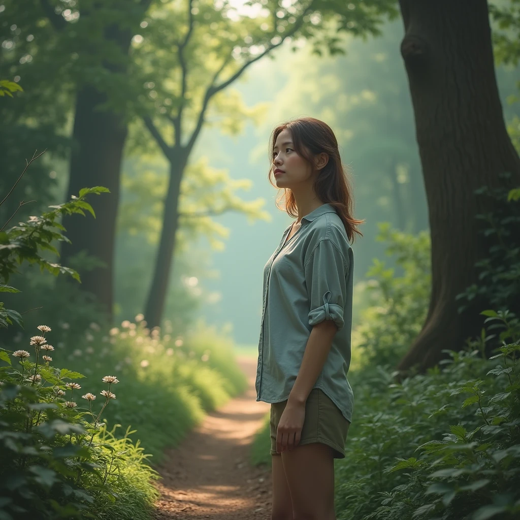 Create A 35 year old woman, standing at the beginning of a trail in a forest, looking at front. The image must have natural lighting, with shades of green and light blue, conveying tranquility and hope, without mystical elements.