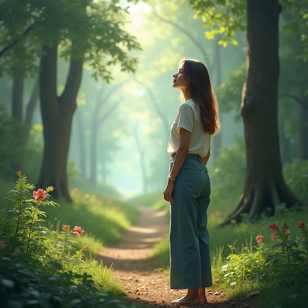 Create A 35 year old woman, standing at the beginning of a trail in a forest, looking at front. The image must have natural lighting, with shades of green and light blue, conveying tranquility and hope, without explicit mystical elements.
