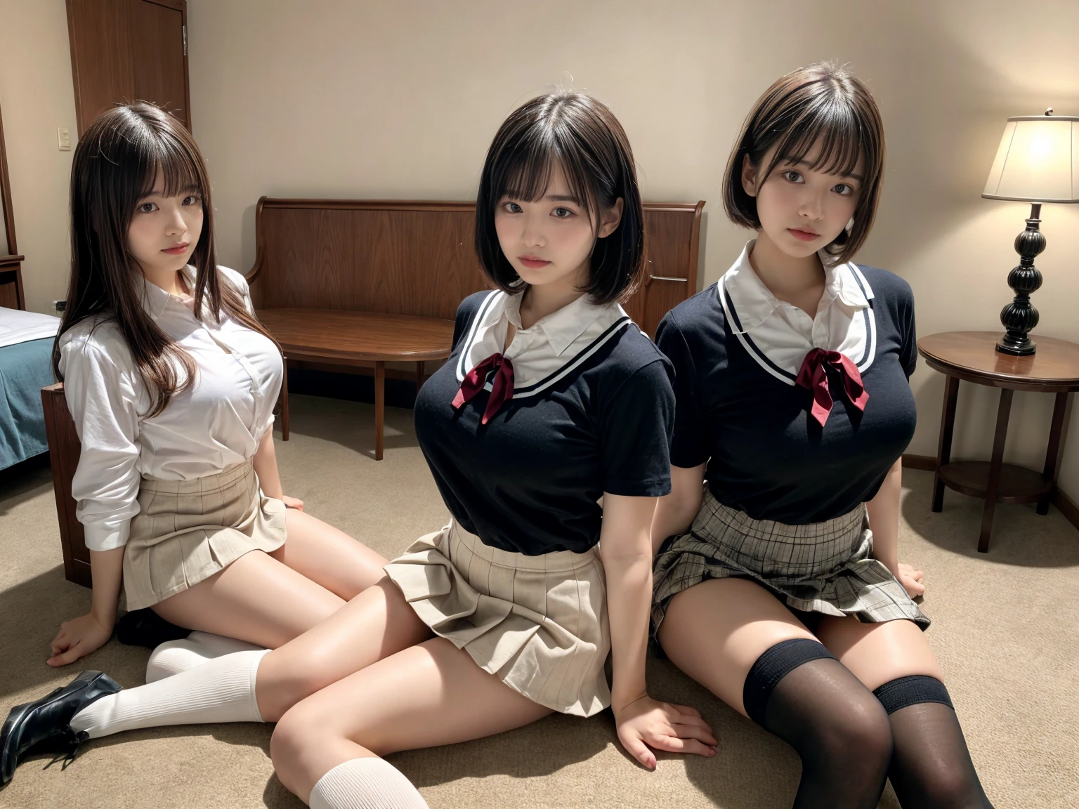 masterpiece, best quality, illustration, Super detailed, fine details, High resolution, 8K,wall paper, perfect dynamic composition,(Details High quality, realistic depiction of eyes:1.3), (3 girls), (collared shirt:1.1), pleated skirt, knee high socks, sitting, open legs, short bob hair, in a hotel room in the background, deep on field, large breasts, black hair color, Big Natural Color Lip, (perfect body shape), crying a little、Harajuku style、20 year old girl、cute type、beautiful legs, Gravure Idol