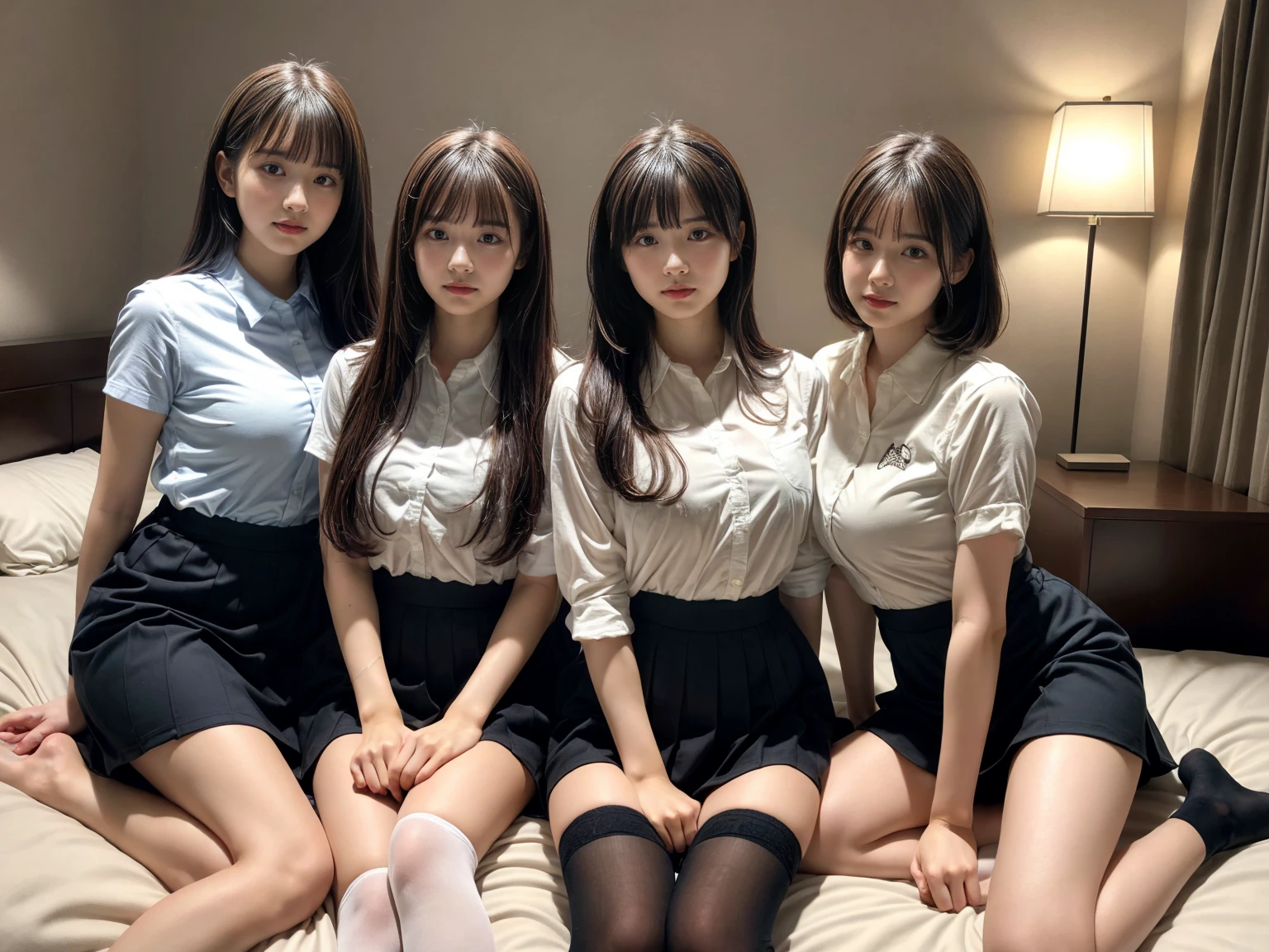 masterpiece, best quality, illustration, Super detailed, fine details, High resolution, 8K,wall paper, perfect dynamic composition,(Details High quality, realistic depiction of eyes:1.3), (3 girls), (collared shirt:1.1), pleated skirt, knee high socks, sitting, open legs, short bob hair, in a hotel room in the background, deep on field, large breasts, black hair color, Big Natural Color Lip, (perfect body shape), crying a little、Harajuku style、20 year old girl、cute type、beautiful legs, Gravure Idol