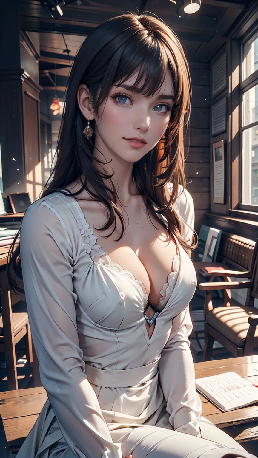 Florence Nightingale, (Ballet Costumes), Sitting in a chair, Smiling for the camera, White formal shirt, Loose collar button, Swollen nipples, Long, loose hair, (Delicate illustrations: 1.4), (Renaissance art: 1.4), (Ultra-high resolution: 1.2), (Photorealism: 1.4), (8k, RAW Photos: 1.2), (Soft Focus: 1.4), ( 18-year-old: 1.3), (Sharp focus: 1.4), Beautiful face with attention to detail, Pure rose face_v1