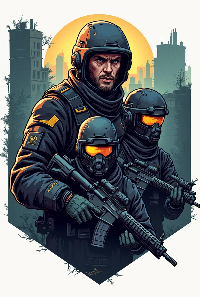 A faction clan emblem from Arena Breakout, designed as a crest. The emblem features tactical elements like helmets with visors, firearms, and futuristic gadgets. The crest is surrounded by a mix of urban and wilderness elements, such as abandoned buildings and overgrown vegetation. The overall design has a gritty, post-apocalyptic feel, emphasizing strategy and survival elements. The characters and elements are stylized to fit into the crest format, with intense, determined expressions and high-tech equipment integrated into the design.