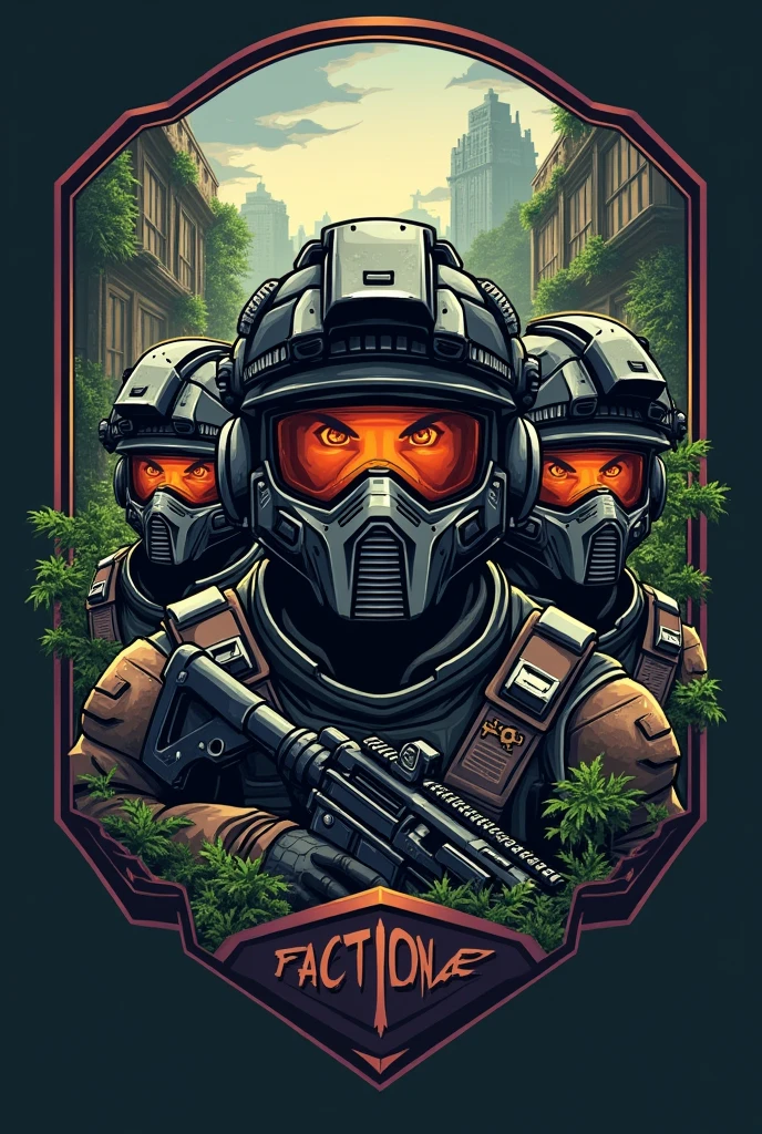 A faction clan emblem from Arena Breakout, designed as a crest. The emblem features tactical elements like helmets with visors, firearms, and futuristic gadgets. The crest is surrounded by a mix of urban and wilderness elements, such as abandoned buildings and overgrown vegetation. The overall design has a gritty, post-apocalyptic feel, emphasizing strategy and survival elements. The characters and elements are stylized to fit into the crest format, with intense, determined expressions and high-tech equipment integrated into the design.