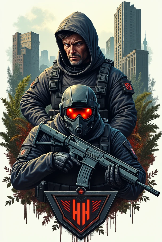 A faction clan emblem from Arena Breakout, designed as a crest. The emblem features tactical elements like helmets with visors, firearms, and futuristic gadgets. The crest is surrounded by a mix of urban and wilderness elements, such as abandoned buildings and overgrown vegetation. The overall design has a gritty, post-apocalyptic feel, emphasizing strategy and survival elements. The characters and elements are stylized to fit into the crest format, with intense, determined expressions and high-tech equipment integrated into the design.