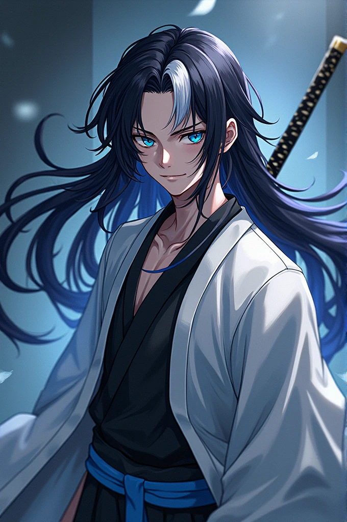 I need a Demon Slayer anime character with long black hair and a white lock with black eyes and one blue eye who is a man, whose haori is white with light blue things and whose katana is light blue and black. 