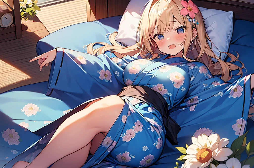 (Masterpiece, Top quality:1.5), nsfw, (from above:1.2), 1 beautiful girl, solo, lie on one’s back, on bed, Blonde, medium Hair, wavy Hair, asymmetry bangs, swept bangs, airy hair, (large breasts:1.2), 16 year old, (flower printed blue yukata :1.3), shy:1.1, (blush:1.4), beautiful scene of bedroom, (arms up:1.2), closed legs, open mouth