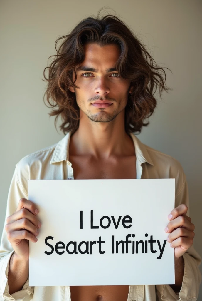 Beautiful boy 25 old  with wavy long hair, bohemian dress, holding a white board with text "I Love Seaart Infinity" and showing it to the viewer