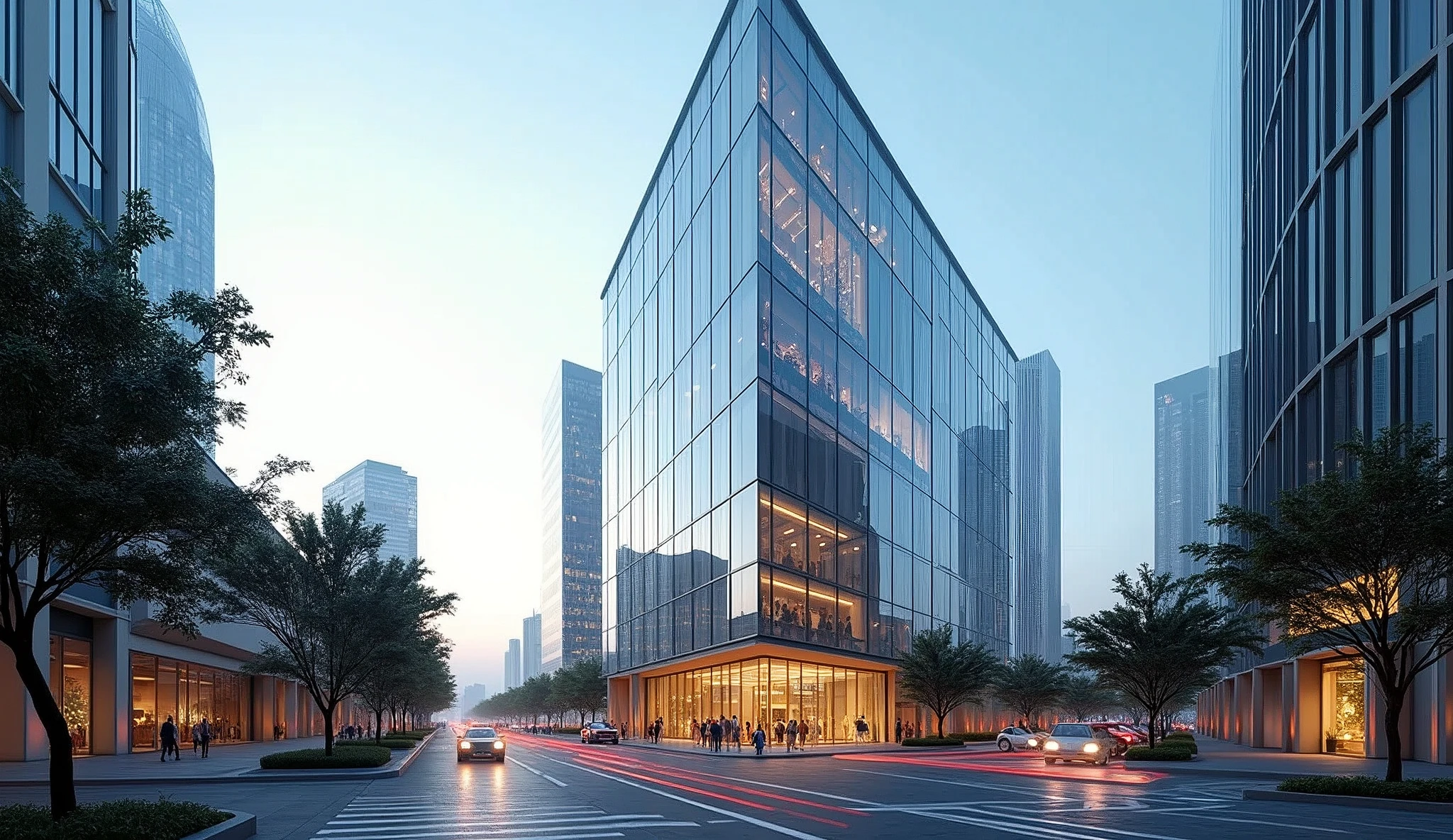 Illustrate a modern, cutting-edge building in the heart of a bustling city. The architecture should be sleek, with glass facades reflecting the surrounding urban environment, showcasing both day and night views for contrast
