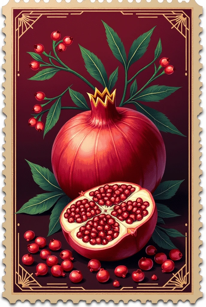 Stamp for seasonal pomegranate liqueur with wine-colored background