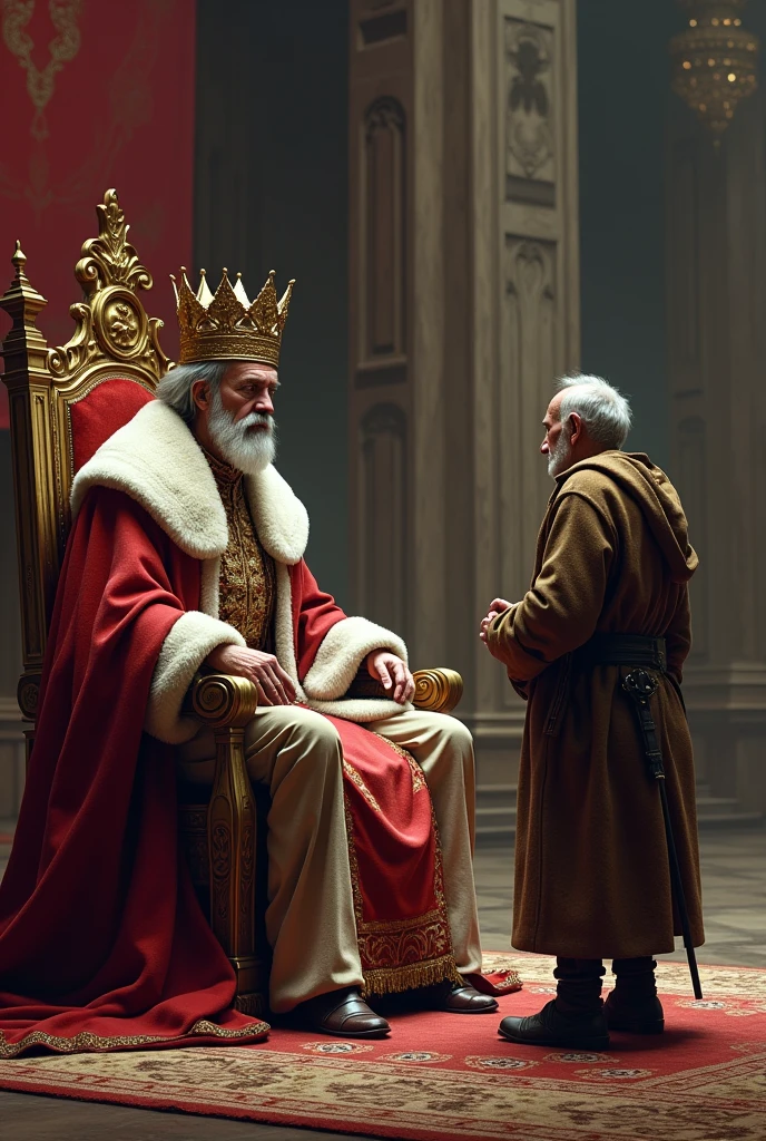 A king on the throne and an old man wearing old clothes, dirty and old...the man is in front of the king