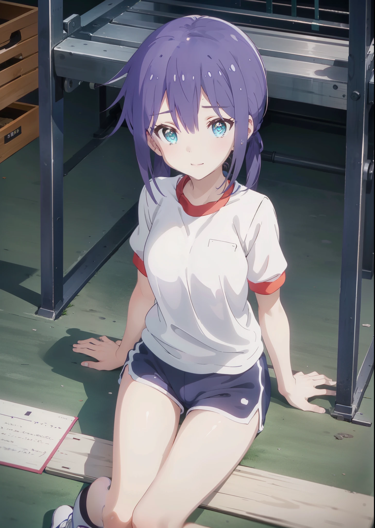 Ao Manaka, Check it out, short hair, bangs, orange hair, (Purple eyes:1.2),(Gym clothes with short sleeves:1.5), Gymnastics, (Girl wearing gym clothes), (Girl in gym clothes), Sportswear, blue_Shorts, White knee-high socks,sit down,sitting,White_sneakers, White_sports boots,Daytime,Clear skies,Palm tree,Walking,smile,Close your mouth,blush,whole bodyがイラストに入るように,
BREAK outdoors, tropical,Tropical,Coastal Road,
BREAK looking at viewer, whole body,
BREAK (masterpiece:1.2), Highest quality, High resolution, unity 8k wallpaper, (figure:0.8), (Beautiful attention to detail:1.6), Highly detailed face, Perfect lighting, Highly detailed CG, (Perfect hands, Perfect Anatomy),