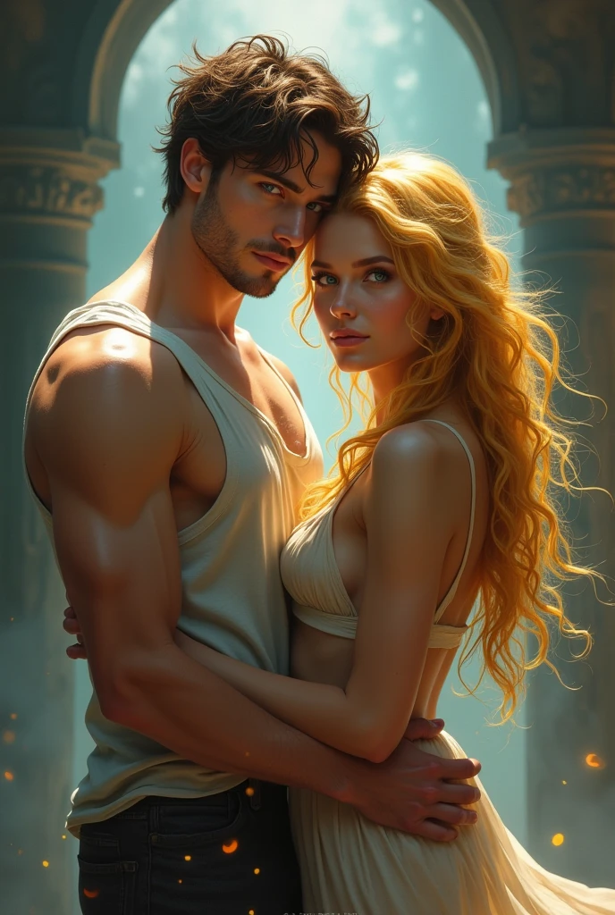 fantasy couple, young white man muscular blue eyes brown hair wearing a tank top with no shirt, woman black golden hair, whole body