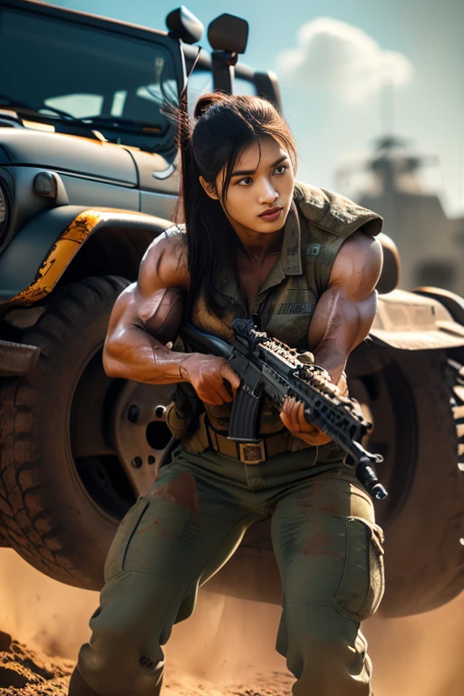(8K, Raw-Photo, best qualtiy, tmasterpiece:1.2),(realisticlying, photograph realistic:1.4),(Highly detailed CG unity 8k wallpaper),(Round face: 1.5), (detailed pupil:1.3),(Cool Eyes:1.1),(little smile:1.1),(Unforgettable Eyes:1.1),(The eyes are so beautiful:1.1), 24yo, Korean Woman, tanned, bronze skin, Clothed U.S. Marine Corps Uniform, Fighting on the battlefield, strong muscles, world war, Modern War Theme,Army Girl, assault rifle, (holding rifle: 1.3), (Aim and hold the rifle.: 1.3), military girl, Infantry Girl, Military, Camouflage uniform, ,  Torn tank tower, navels, glove, Ripped military pants, A face stained with mud and blood, skin wet with sweat, bloody skin, Skin stained with mud, tiny, cleavage, Expressions of Determination, Strict wording, Highest Quality, The ultra-Highres, absurdities, realisitic, physics based rendering(physics based rendering(Physically Based Rendering)), Cinematic lighting, Complex and cinematic appearance,Cinematic Soft Light, soothing tones, Battlefield Background, city war background, Photorealistic, cowboy shots, Dynamic Angle,On the brick road of the parking lot (Parked Jeep, Jeep Wrangler, jeep, Front Profile, 🦩🪐🐞👩🏻🦳, Front profile shot, Mahindra Tar, electric wires, 8K!!, stunning masterpiece, Fuji Lead, Full Front, 2 0 1 9, 2019, Soft Top, making: Tom Carafique), beautiful Malay girl, flag Malaysian 