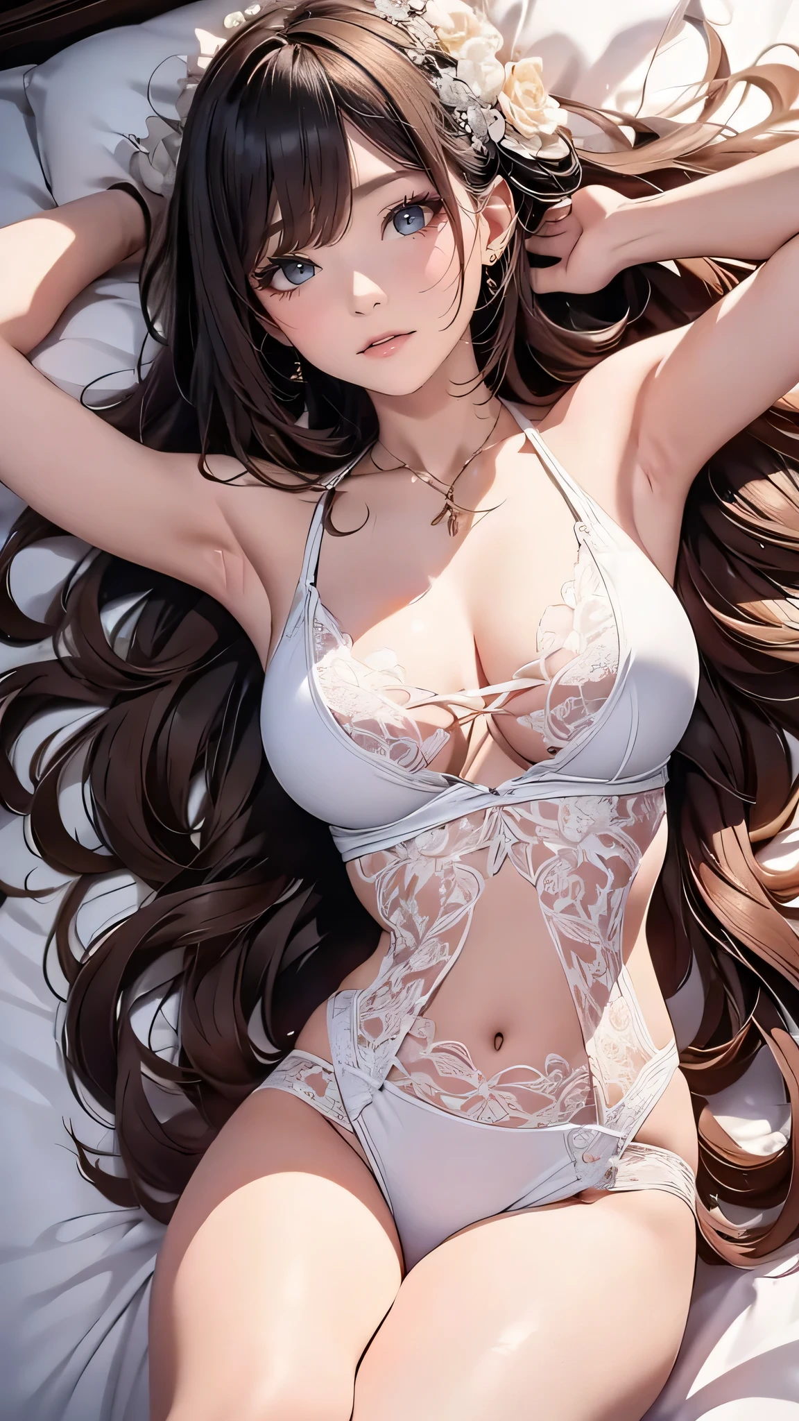 (1girl:1.3), cinematic light, (masterpiece, top quality, best quality, official art, beautiful and aesthetic:1.3), extreme detailed,highest detailed,(ultra-detailed),((an extremely delicate and beautiful)),
From above,(( lying on bed)),
solo, breasts, silky long hair, (brown hair), white Rose flowers scattered all over the bed,
black-Lace-nightware, open breast,