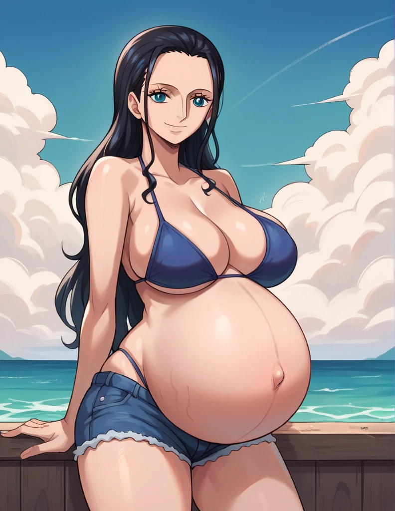 score_9, score_8_up, score_7_up, source_anime, best quality, clear face, 1girl, Nico Robin, black hair, long hair, blue eyes, large breasts, bikini, shorts, cleavage, smile, looking at viewer, sky, standing, pregnant belly, huge belly, belly