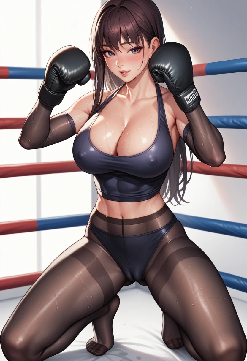 korean beautifull girl,18 years old,Pretty Face,Good shape,detailed picture, Seductive expression, blush,White long hair, Wear wrestling clothes,Soaked,Wear black pantyhose,No shoes, Wearing black boxing gloves,Black sleeves on arms, Sit in the boxing ring and stretch one foot forward,Large Breasts,Cleavage,Long legs,Thin waist,nipple,Camel toe