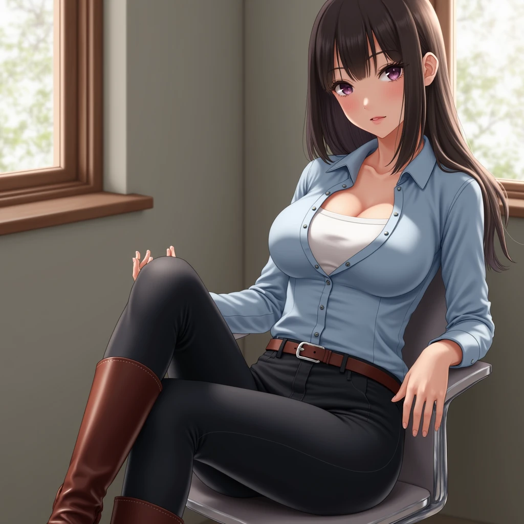 1girl, 34yo sofia takigawa_jav, breasts, eyelashes, looking at viewer, cowboy shot, sitting, crossing legs, dynamite lighting, attractive body, wearing office attire, light blue blouse, white singlet, belt, black pants, brown knee heel boots
(ulzzang-6500:0.0), (ultimate quality, masterpiece, highres:1.0), (photorealistic, realistic:1.9), nice hands, peeing herself,