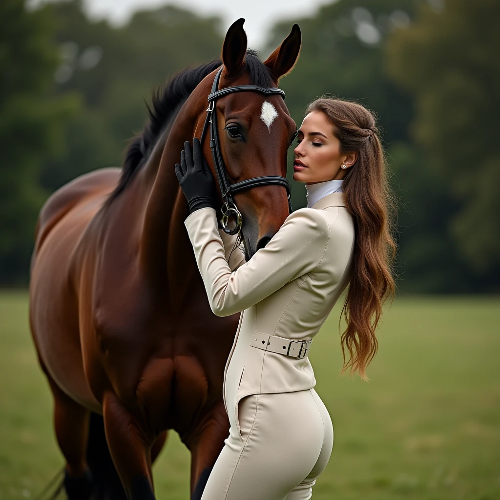 Beautiful and elegant female jockey posing for a photo shoot、Full body view、With my beloved horse