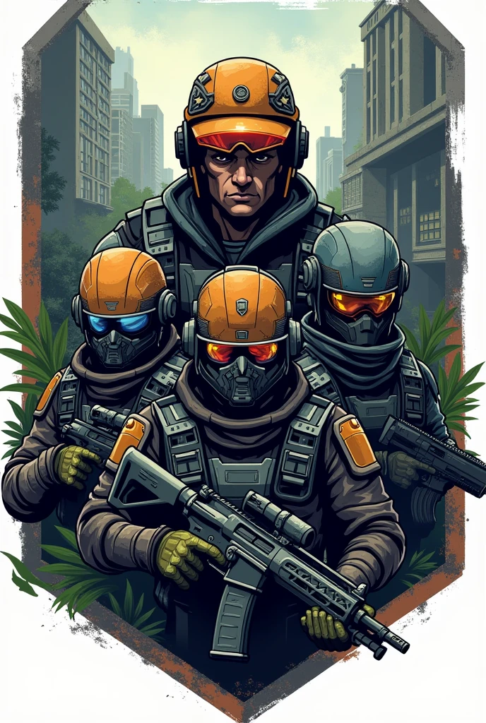 A faction clan emblem from Arena Breakout, designed as a crest. The emblem features tactical elements like helmets with visors, firearms, and futuristic gadgets. The crest is surrounded by a mix of urban and wilderness elements, such as abandoned buildings and overgrown vegetation. The overall design has a gritty, post-apocalyptic feel, emphasizing strategy and survival elements. The characters and elements are stylized to fit into the crest format, with intense, determined expressions and high-tech equipment integrated into the design.