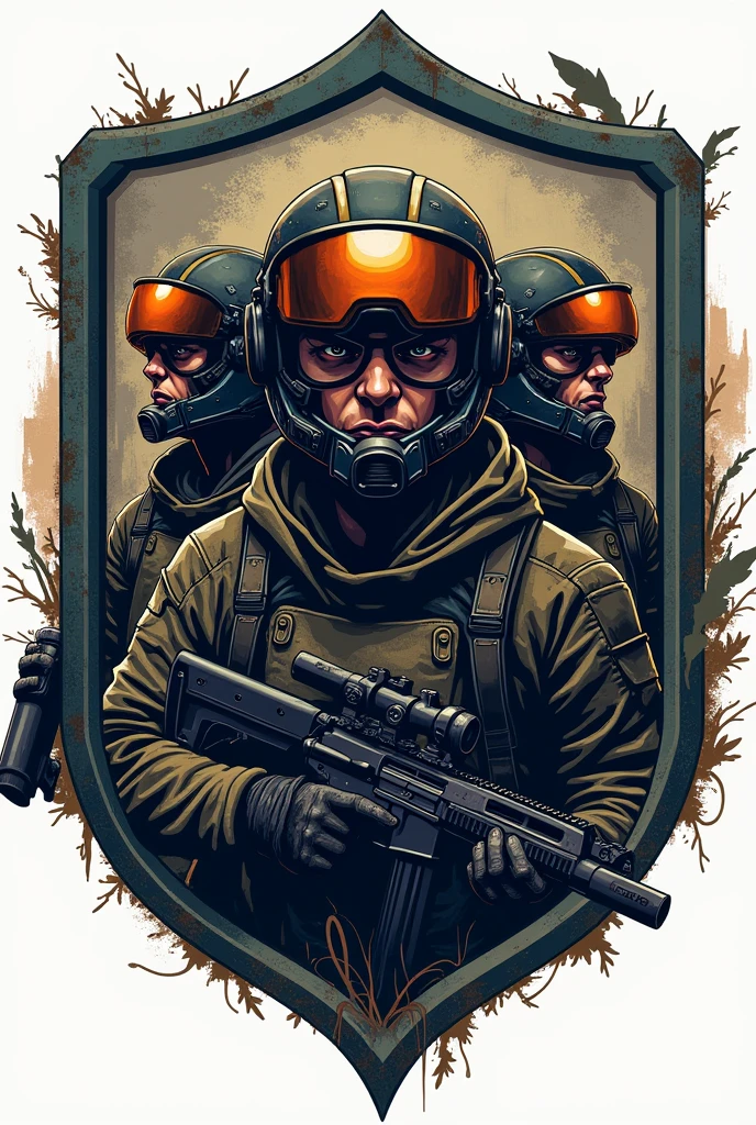 A faction clan emblem from Arena Breakout, designed as a crest. The emblem features tactical elements like helmets with visors, firearms, and futuristic gadgets. The crest is surrounded by a mix of urban and wilderness elements, such as abandoned buildings and overgrown vegetation. The overall design has a gritty, post-apocalyptic feel, emphasizing strategy and survival elements. The characters and elements are stylized to fit into the crest format, with intense, determined expressions and high-tech equipment integrated into the design.